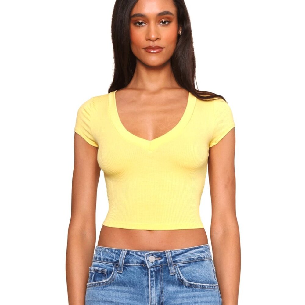 From Mixology by Jac Parker Ribbed V Neck Cropped Tee in Lemondrop XS